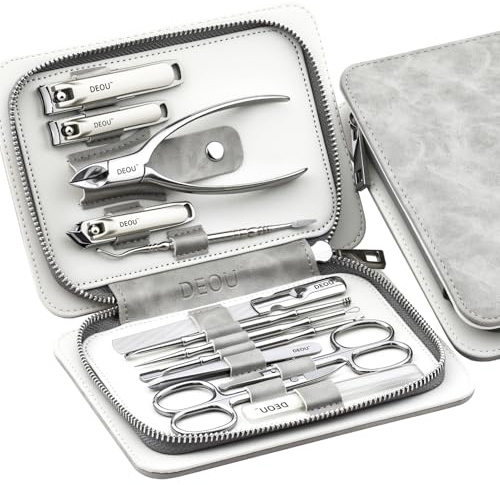 DEOU Professional Nail Clipper Set,13Pcs Sharp Stainless Steel Manicure Set Pedicure Kit for Men and Women with Luxury Case for Travel(Grey)