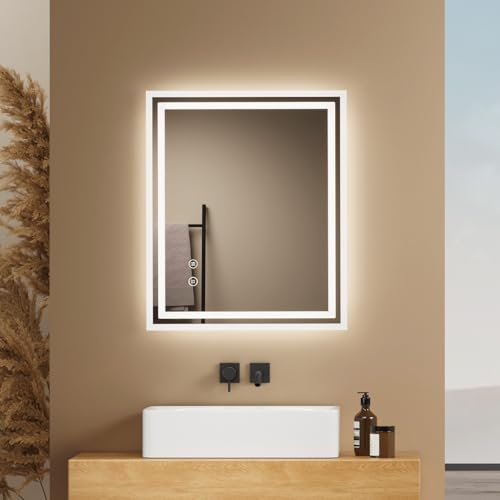 EMKE Badspiegel mit Beleuchtung 60x50cm, Badezimmerspiegel mit Touch, Antibeschlag, Kaltweiß Licht dimmbar, Speicherfunktion und automatischer Abschaltung nach 3 Stunden, ideal für Badezimmer
