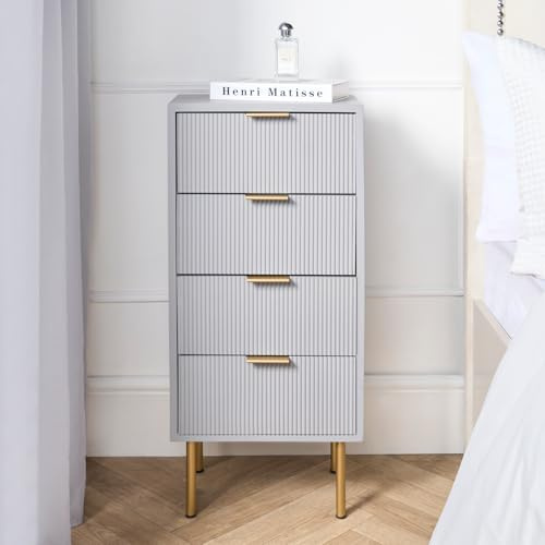 OHS Bedside Table 4 Drawer Ribbed, Decorative Wood Bedside Table Sleek Storage Modern Rib Bedside Tables for Bedroom Living Room Home - Grey, 78 x 36 x 24cm