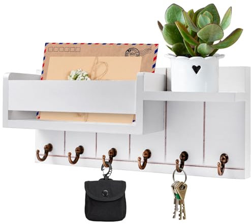 Orixo Schlüsselbrett mit Holztablett, Schlüsselablage Wand mit 6 Haken, Schlüsselhalter Wand, Schlüsselhaken mit Ablage, Schlüsselaufhänger, für Eingang, Flur, Wohnzimmer, Schlafzimmer, Büro, Weiß