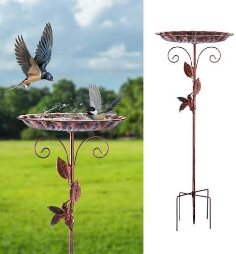 Restorgan Bain d'oiseaux sur pied pour le jardin, en métal, style vintage, avec base stable à 5 dents, grand bain pour oiseaux résistant au gel, résistant à l'hiver (bronze antique)