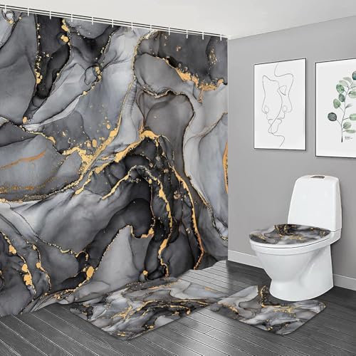 NBVKO 4 Pcs Black Marble Shower Curtain Sets with Rugs Gold Bathroom Sets with Shower Curtain and Rugs Modern Abstract Bathroom Decor Accessories Shower Curtains for Bathroom Toilet Lid Cover