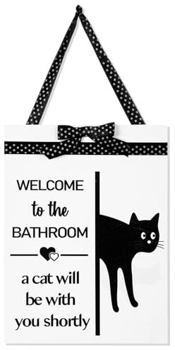 Yalikop Funny Cat Bathroom Sign Decor Welcome To The Bathroom A Cat Will Be With You Shortly Wall Decor 8 x 6 Inch Hanging Wooden Wall Art Housewarming Mom Gifts for Home Toilet Restroom