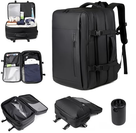 HoldOneLight Vacuum Compression Travel Backpack with Built-in Air Pump & TSA Lock -60L Expandable, Waterproof, Space-Saving - Ideal for Commuting, Boarding & Travel, Fits 16 Laptop