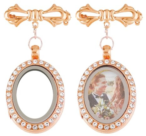 SUPERFINDINGS 2 Stück Hochzeitsstrauß Foto Charm Bouquet Foto Medaillon Charms Messing Braut Broschen Roségold Fliege Hochzeit Gedenkbroschen Pins Oval Rahmen