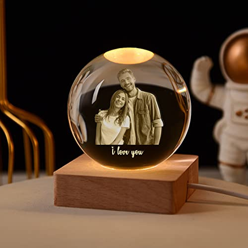 SHKINETARRY Veilleuse boule de cristal personnalisée, boule photo en cristal 3D personnalisée avec base lumineuse LED colorée, cadeau personnalisé pour femmes, hommes, pères, mamans