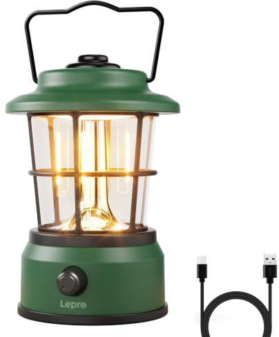Lepro LED Retro Campinglampe Wiederaufladbar Dimmbar mit Powerbank, Grün | USB-C Aufladung,Stufenlos Dimmbar, Powerbank-Funktion, bis zu 160h Laufzeit, Dekorative Laterne für Camping, Garten & Notfall