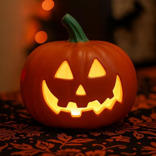Halloween Deko Kürbis Laterne, 20cm Groß Plastik Kürbis Windlicht LED Pumpkin Halloween Deko Outdoor Pumpkin Windlicht Beleuchtete Kürbislaterne LED Kürbis Deko Outdoor Für Innen Herbstdeko (A)