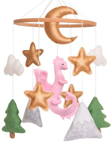 Dragon Baby Mobile, móvil de bosque para cuna, móvil rosa para cuna, móvil de guardería para moisés, paquete y juego, luna, dragón rosa, nube, estrella, montaña, árbol