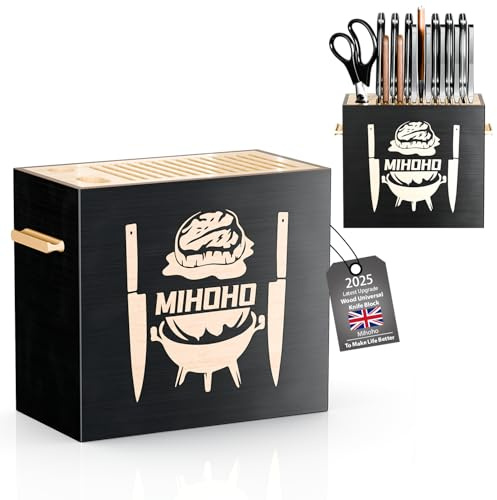 Wood Universal Knife Block with Slots, Wood Knife Holder/Knife Organizer, Unique Knife Storage for Counter Top with Anti-Slip Base (Black P)