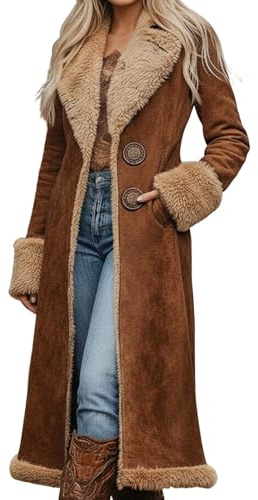 Generisch Trechcoat Damen Lang Mantel Herbst Winter Fleece Übergangsmantel Gefüttert Wintermantel Retro Western Cowboy Trechcoat Windbreaker Modisch Warme Fleecejacke Herbstmantel