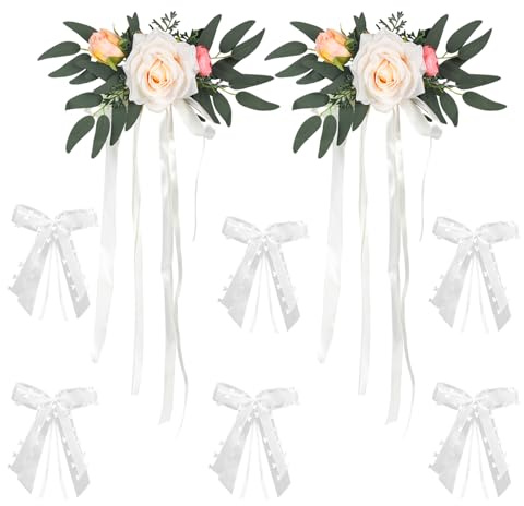 Tokenhigh 2 pièces Décoration de mariage pour voiture, avec 6 nœuds de mariage pour voiture, fleur artificielle vintage avec ventouses, décoration de mariage pour rétroviseur de voiture, poignée de