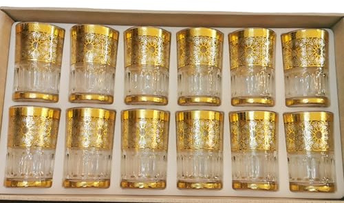 Générique Lot de 12 Verres à Thé Marocain Traditionnel, Verre avec Bande Dorée, Motif Oriental, Cylindrique, 150ml, Multicolore