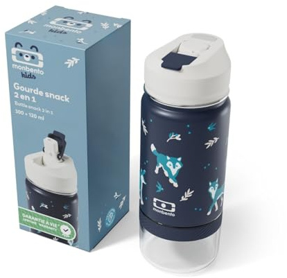monbento - MB Twisty - 2-in-1 Trinkflasche mit Snackfach für Kinder - 300 ml - Isolierflasche aus Edelstahl mit integriertem Snackbehälter - Auslaufsicher & BPA-frei - Blau Wolf