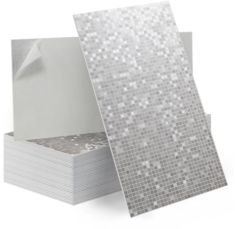 Tarwanear Küche Klebefliesen 60x30 cm Küche Fliesenaufkleber Mosaik Selbstklebend Fliesen für Bad Wasserdichte,Silber Wandfliesen Badezimmer Fliesensticker(50 Stück)