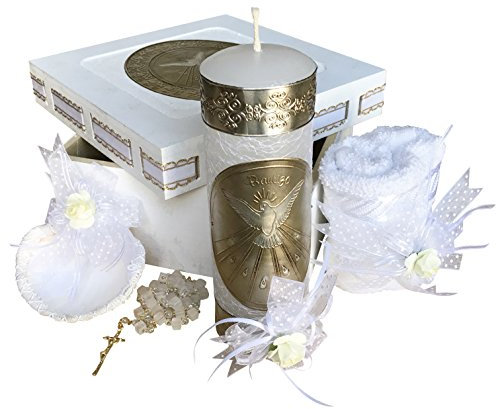 Arcangeles Mexicanos Katholische Taufkerzen-Set in Holzbox mit Handtuch, Kerze, Rosenkranz und Muschel für Baby Jungen und Mädchen Handgefertigt in Mexiko