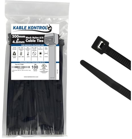 Kable Kontrol Black Cable Ties, 200 mm x 4.8 mm, Pack of 100, 8 Premium Nylon Zip Ties, Multi-Purpose Plastic Tie Wraps, Secure Self-Locking Mechanism, for Home, Garden, Office and DIY