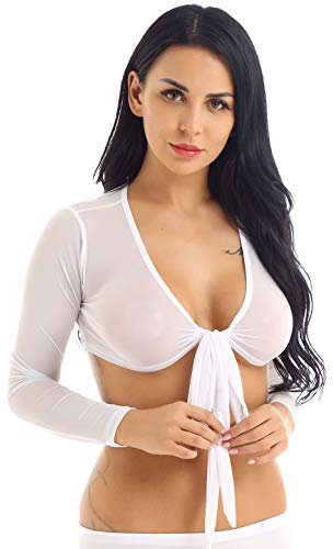 CHICTRY Women's Perspective Long Sleeves Mesh Sheer See Through Shrug Crop Top Shirt Blouses White S