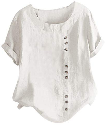Lazzboy Damen Casual Loose Button Plus Size Täglich Boho Tanic T-Shirt Bluse Tops Sommer Einfarbig Kurzarm Tunika Blusen Leicht Asymmetrisch Shirt(Weiß,XL)
