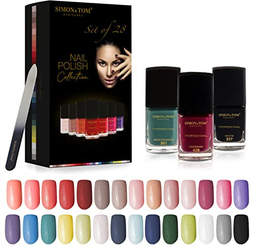Simon&Tom Nagellack Set mit 28 aktuellen Trendfarben - Nageldesign Kit mit 28 x 12 ml, Professionelles Finish, Schnelltrocknend, Long-Lasting, Perfekt für Heim Maniküre/Pediküre