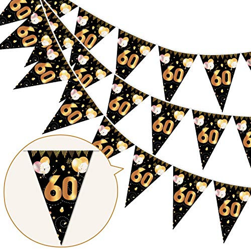 HOWAF 60. Geburtstag Banner Girlande 60 Wimpel Girlande Bunting zum Aufhängen Wimpelkette für Frau Mann 60. Geburtstag Party Dekoration Geburtstags Deko Schwarz Gold