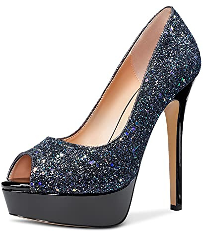 NobleOnly Damen Plattform Peep-Toes Pumps 13CM Stilettos High Heels Schwarz Glitter Schuhe EU37