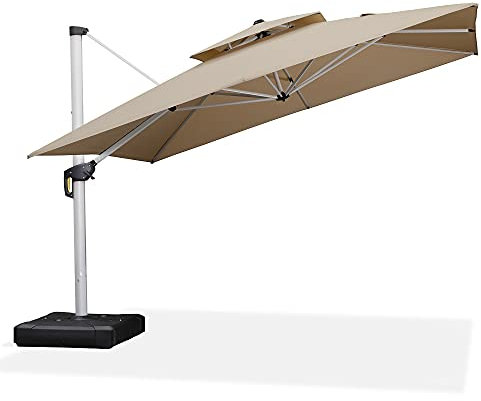 PURPLE LEAF 3.65 x 3.65 M Garden Cantilever Parasol, Large Square Overhanging Patio Umbrella with Crank Handle and Tilt for Balcony and Outdoor, Beige