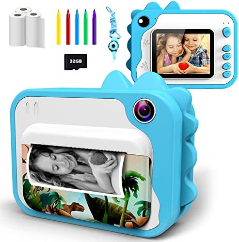 uleway KinderKamera,DigitalKamera Sofortbildkamera Print 1080P 2.4 Zoll Bildschirm Videokamera Schwarzweiß Fotokamera mit 32GB Karte,3 Rollen Druckpapier 5 Farben Pinselstift Geschenk für Kinder, Blau