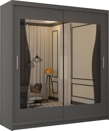 MN Furniture Modern Double Sliding Door Wardrobe 2 Mirrored Hanging Rails & Shelves Storage Cabinet for Bedroom (150cm, Batumi Grey)