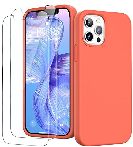GOODVISH 3 in 1 Designed for iPhone 12 Case, iPhone 12 Pro Case with 2 Screen Protector, Liquid Silicone Soft Phone Case Microfiber Lining Shockproof Full Protection Cover 6.1inch, Reddish Orange