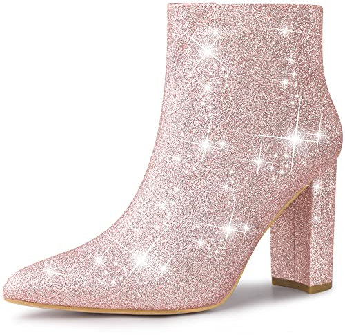 Perphy Stivaletti da donna glitterati a punta tacco spesso scintillanti stivaletti alla caviglia, rosa, 40 EU