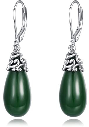 POPLYKE Jade Ohrringe Sterling Silber Jade Filigrane Tropfen Ohrringe Leverback Schmuck Geschenke für Frauen