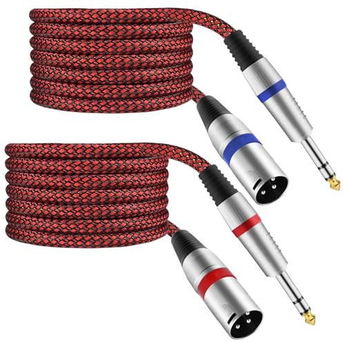 Mugteeve XLR Male to 1/4 TRS Cable Balanced - 25FT Quarter Inch Stereo to XLR Microphone Cord Adapter, Nylon Braided, OFC Shielded, Red Color, for Mixer, Monitor Speaker, Audio Interface, 2Pack