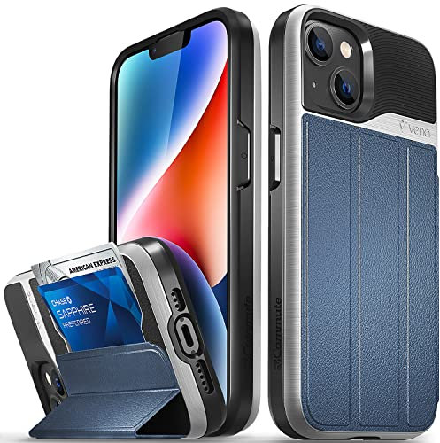 VENA vCommute Wallet Case Compatible with Apple iPhone 14 (6.1-inch), (Military Grade Drop Protection) Flip Leather Cover Card Slot Holder with Kickstand - Blue