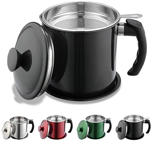 Kyraton Recipiente para grasa de tocino negro con colador, recipiente para aceite de acero inoxidable con revestimiento negro de 1,4 L, tarro de almacenamiento de grasa con tapa