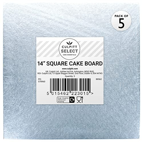 Culpitt Select 14 (35.5cm) Square Cake Boards - 5 Pack | 12mm Thick, Silver Foil Finish, Fits 12 Sponge Or 11 Fruit Cake, Lightweight Yet Strong