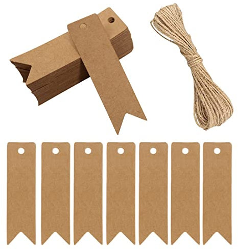Geschenkanhänger Kraftpapier,100 Stück Kraftpapier Etiketten Tags 7 cm * 2 cm Geschenkanhänger Anhänger Etiketten mit 20m Jute-Schnur (Braun)