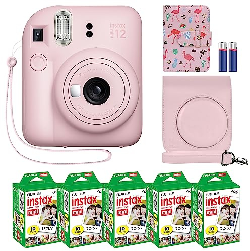 Fujifilm Instax Mini 12 Appareil Photo instantané Blossom Pink + Ensemble d'accessoires MiniMate et étui personnalisé Compatible + Album Photo Fuji Instax Film économique (50 Feuilles) Flamant Rose