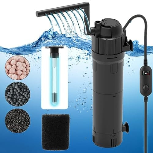 Filtre interne d'aquarium 5 en 1 avec stérilisateur UV, pompe de filtre (aération/pluie, etc.) pour aquariums de 80 à 200 L, 650 l/h, débit et direction réglables