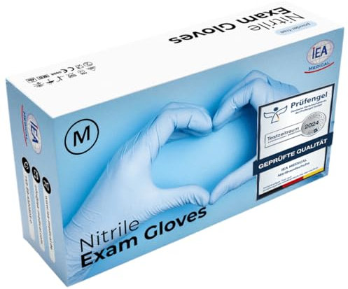 IEA Medical Gants en nitrile taille M - Gants de protection, Usage unique, Idéals pour examens médicaux, Sans latex, Sans poudre, Résistants à la déchirure, Doux pour la peau, 100 pièces, Bleu