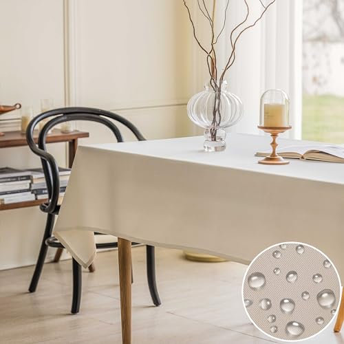 Home Brilliant Waterproof Tablecloths Rectangular Faux Linen Decorative White Table Cloth for Dinner Table, Table Cloth Wipe Clean Water Resistant, White, 140CM x 218CM