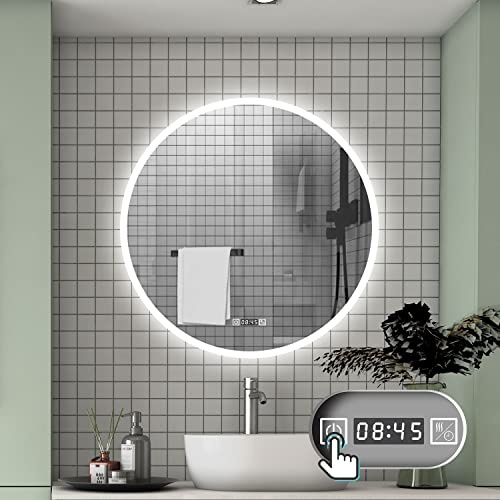 Aica Sanitär Badspiegel Rund 70 cm Uhr Kalt/Neutral/Warmweiß dimmbar Memory LED Spiegel Touch/Wandschalter Beschlagfrei