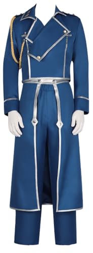 Yanny Erwachsene Männer Roy Mustang Cosplay Jacke Hosen Handschuhe Kostüm Outfit Roy Militäruniform Anzug (Blue, 3X-Large)
