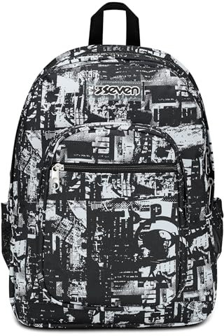 Seven Zaino Scuola Freethink, Nero Grigio, Boy, Zaino Doppio Scomparto Con Supporto USB, Tasca Porta PC o Tablet e Tasca Porta Borraccia, Zaino Medie e Superiori, Bambino Ragazzo