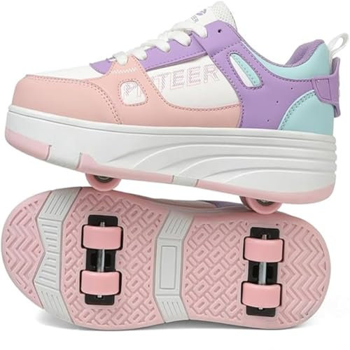 Kinder Schuhe Mit Rollen Für Jungen Mädchen Rollschuhe Schuhe Mit 4 Rollen Turnschuhe Verstellbar Abnehmbar 2-in-1 Jugend Roller Schuhe 31-40EU Roller Sneaker (34EU,Rosa)