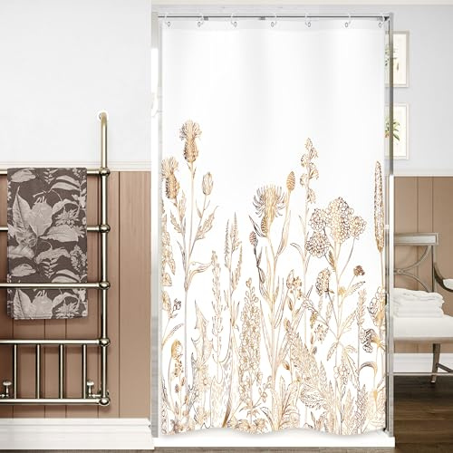 Riyidecor Duschvorhang für kleine Dusche, dekorativ, rustikales Blättermotiv, Kräuter, Natur, Kunstdruck, Polyester, wasserdicht, mit 7 Kunststoffösen, ca. 90 x 180 cm (B x H), Weiß, Gold, Wildblumen