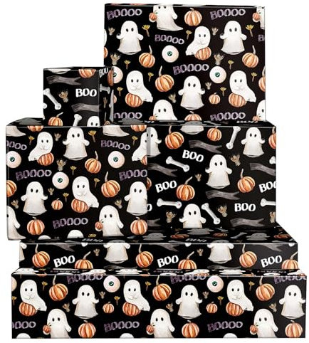 12 Bögen Halloween-Geschenkpapier Aquarell Geist Kürbis Knochen Boo Muster Geschenkpapier für Süßes oder Saures Party Herbst Urlaub Geburtstag Party DIY Handwerk