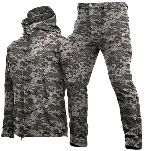 UIHECTA Zweiteiliges Skianzug Set FüR Herren Taktische Jacke Und Hose 2-Teiliger Schneemantel Mit Kapuze Snowboard SchneeanzüGe Armee Kampfanzug Sets Wasserdicht Winddicht,Camo 2,Size:m