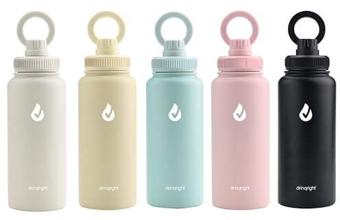 drinqright Botella de agua reutilizable de acero inoxidable, 32 onzas, 5 colores, tapa magnética, anillo para fijación de teléfono (negro)