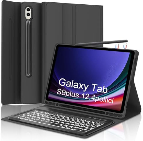 Samsung Galaxy Tab S10/S9 Plus 12.4 Tastiera with Bluetooth Retroilluminata Cover, for S10+/S9+ FE Plus Italiano, Nero